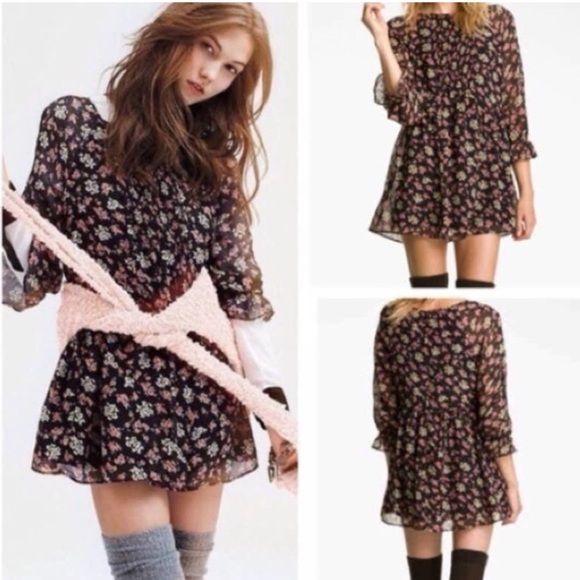 Free People Springy Black Floral Tunic Mini Dress size 2 - Picture 2 of 8